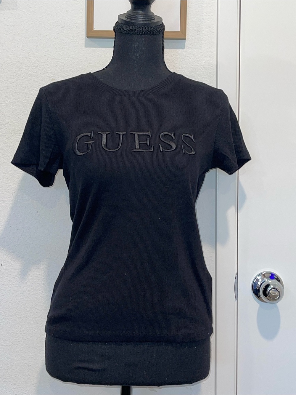 GUESS Women's Black Logo Ribbed Short Sleeve Tee